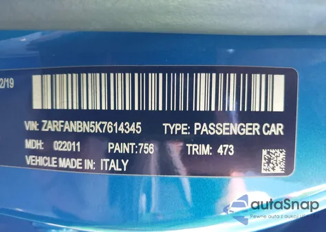 2019 Alfa Romeo Giulia Ti Sport Awd z USA, uszkodzony, nr VIN ZARFANBN5K7614345